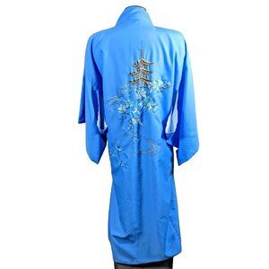 Vintage Kimono Robe OS Made In Japan Aqua Blue Gold Embroidered Flower Pagoda